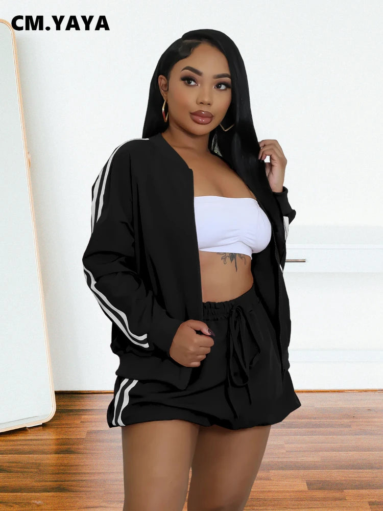 CM.YAYA Women's Set Full Sleeve Striped Coats Top + Short Skirts Spring Active Sporty Street Two 2 Piece Sets Outfits Tracksuit