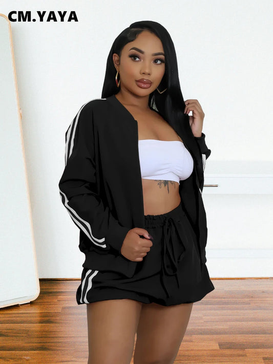 CM.YAYA Women's Set Full Sleeve Striped Coats Top + Short Skirts Spring Active Sporty Street Two 2 Piece Sets Outfits Tracksuit