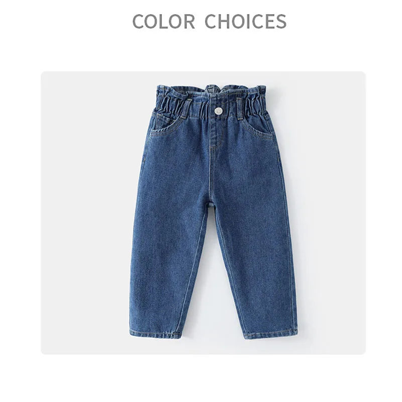 MILANCEL New Spring Kids Jeans Girls Cute Solid Color Denim Blue Pants Children Loose Trousers