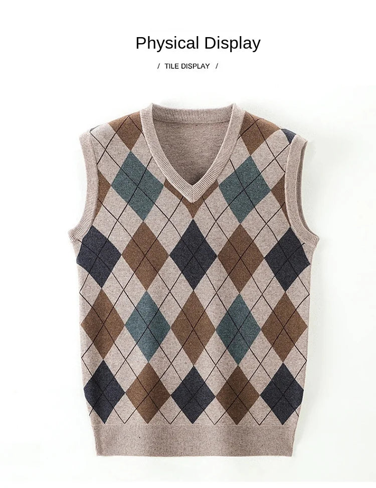 New Autum Fashion Designer Brand Argyle Pullover Diamond Sweater V Neck Knit Vest Men 6% Wool Sleeveless Casual Men Clothing