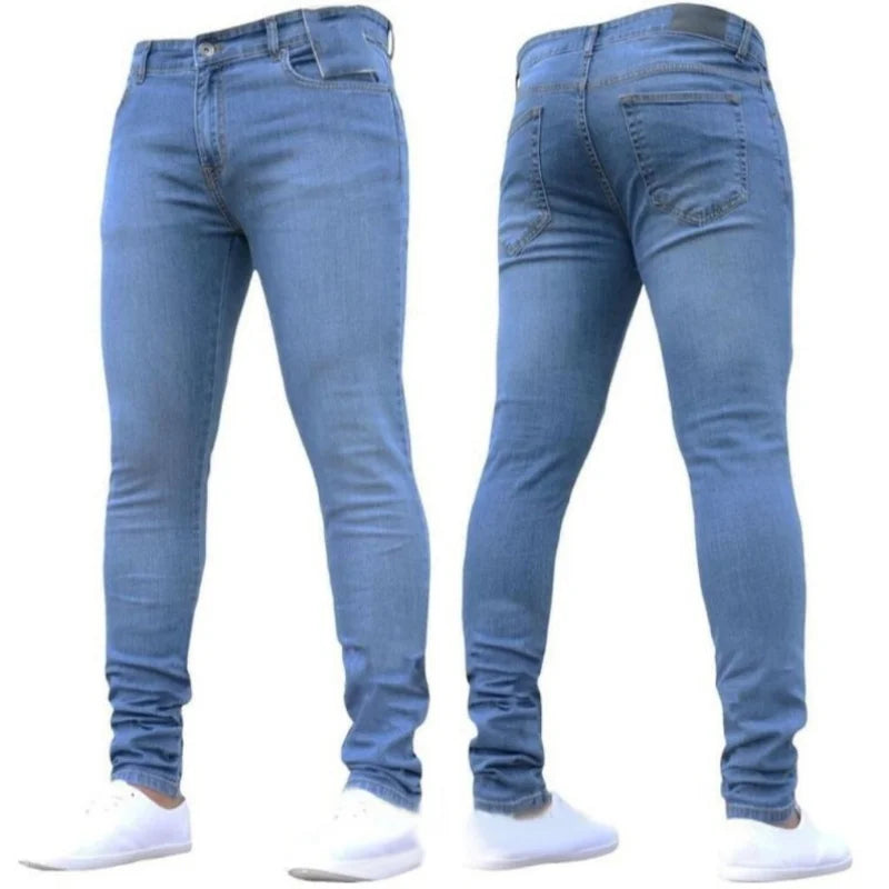 2024 Solid Color Fashion Men Casual Pants Stretch Jeans Skinny Work Trousers Male Wash Slim Fit for Zippered Jeans Men Clothing