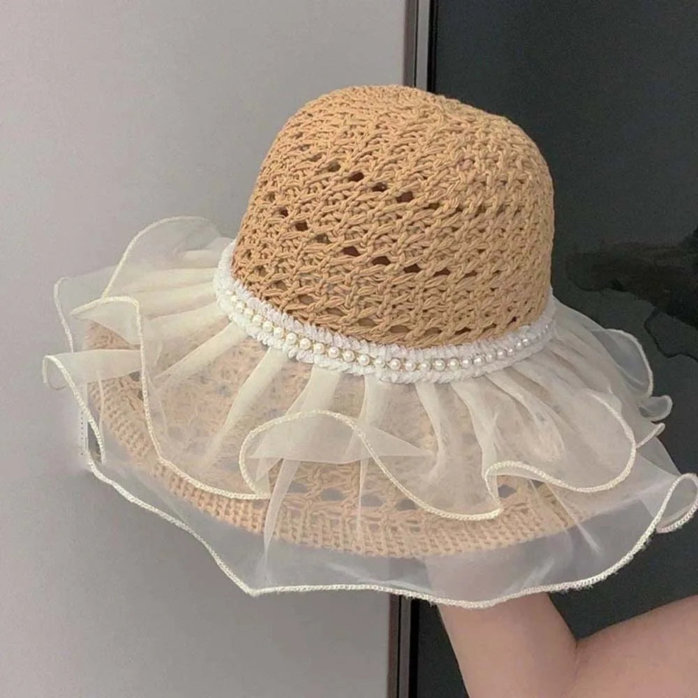 Beige Portable Lace Pearls Sun Cap Hollow Out Polyester Straw Weaving Beach Hat Breathable Thin Big Brimmed Woven Cap Women