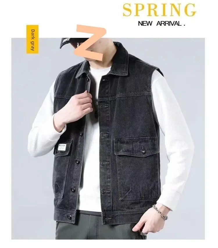 Loose Men's Denim Vest Spring Autumn American Retro Style Sleeveless Workwear Jacket Casual Trendy Brand Outerwear