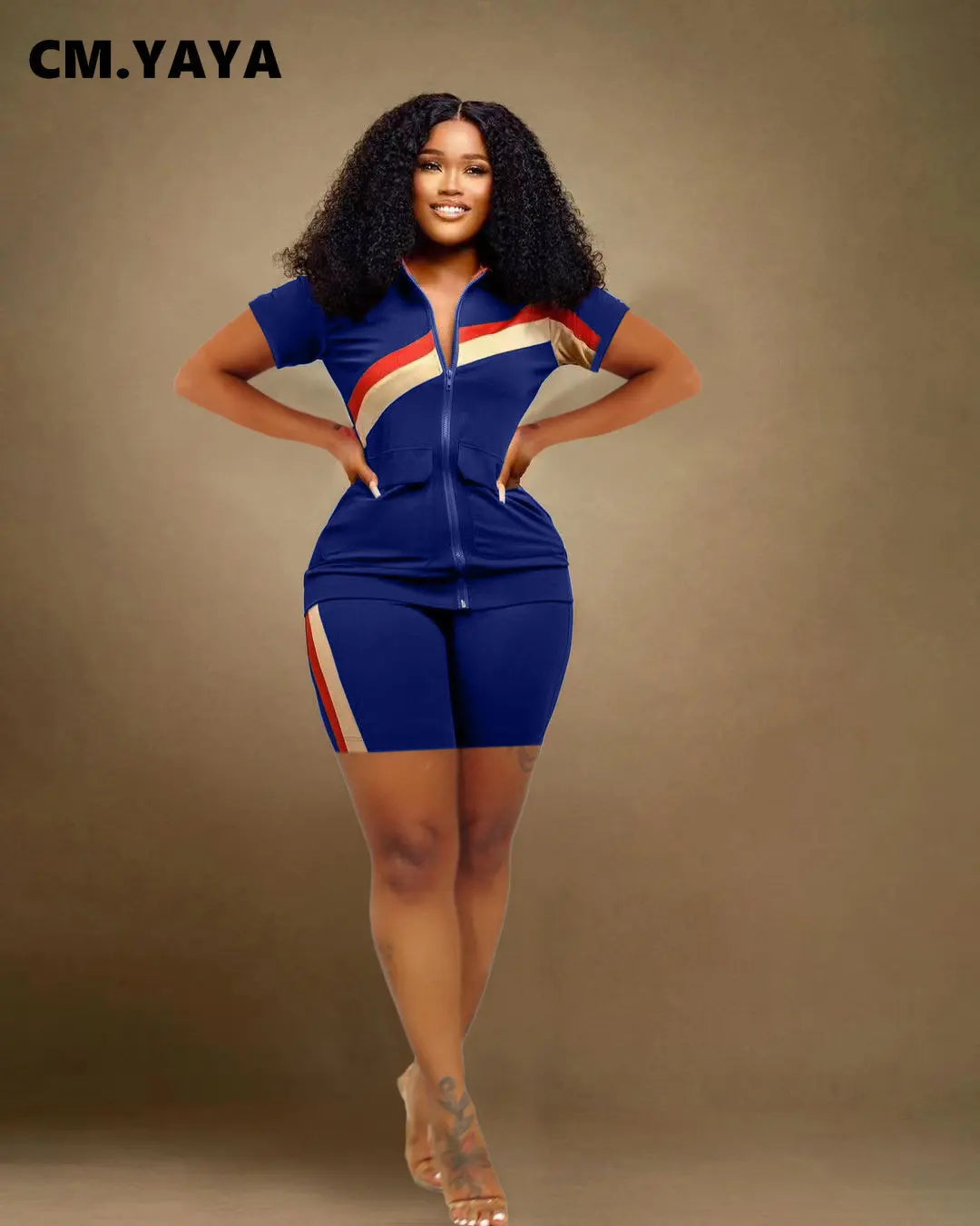 CM.YAYA Patchwork Fashion Women's Set Short Sleeve Track Top and Shorts Suit 2023 Sweatsuit Two 2 Piece Set Outfit Tracksuit