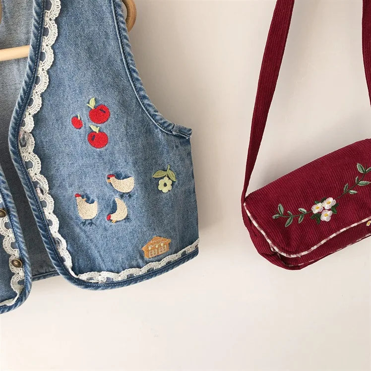Baby and Girls Sweet Embroidered Work Single-Breasted Denim Vest Jackets School Kids Waistcoat Child Outfit Tops For 1-10 Yr