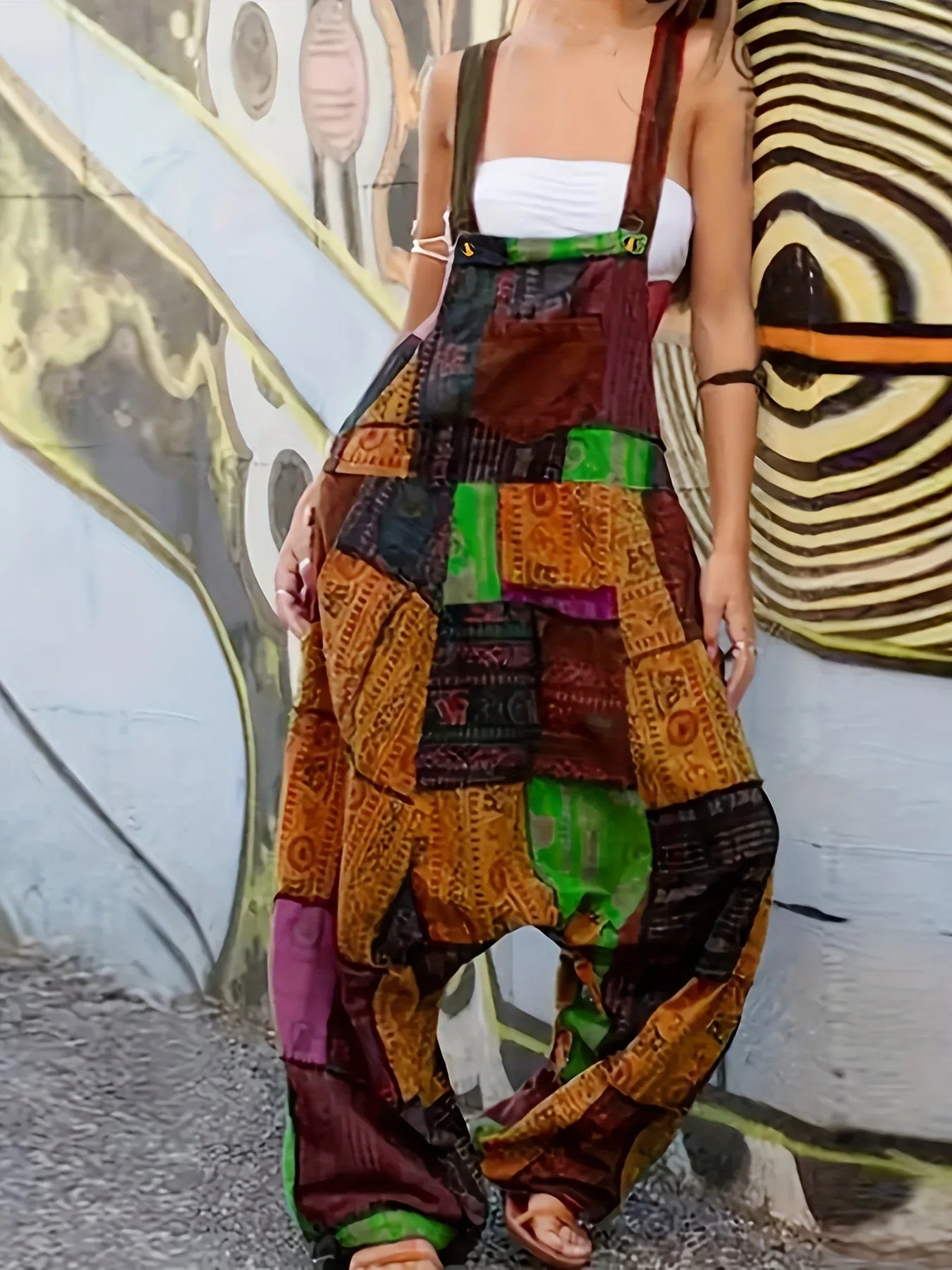 Fashion Patchwork Suspender Trousers Jumpsuit For Women Hip-hop Patchwork Ethnic Print Loose Harem Pantsstreet  Rompers Female
