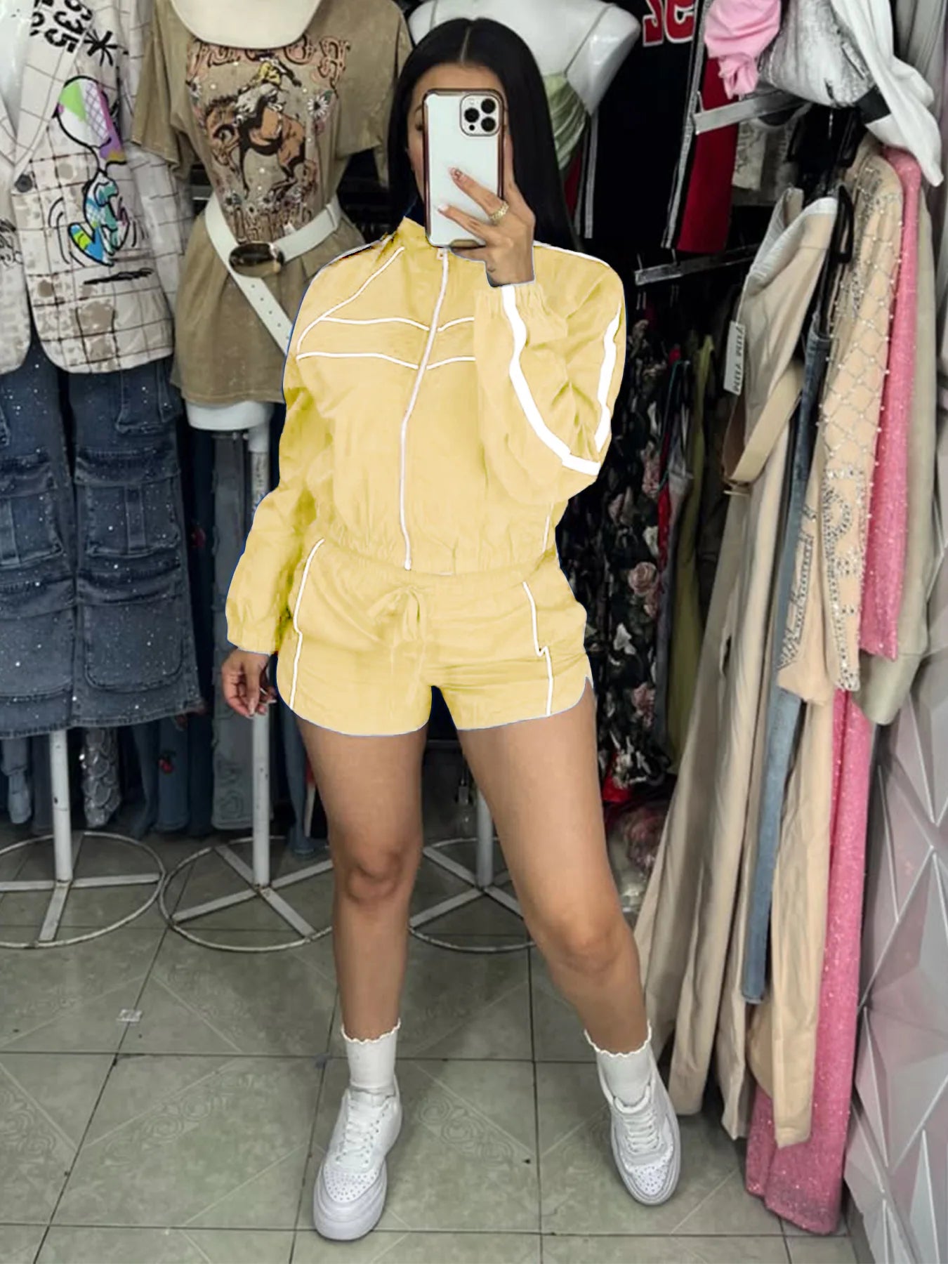 Shorts Pant Set Women Two Piece Sets Turn Down Collar Matching Sets Zipper Coats High Waist Y2k Streetwear Elegant Short Pants