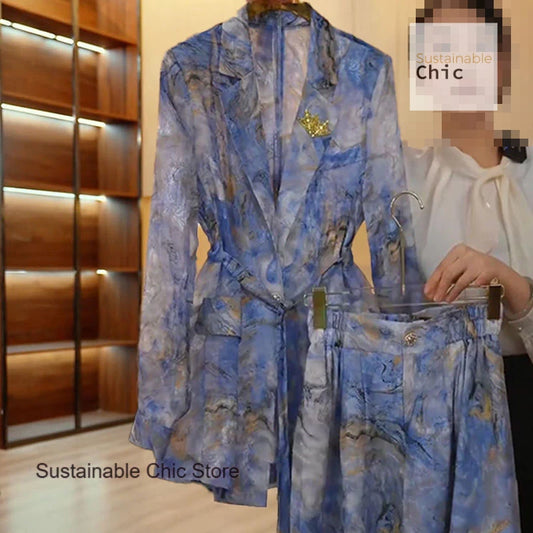 French high-end casual temperament printing suit women's summer new fashion thin long-sleeved suit shorts two-piece suit.