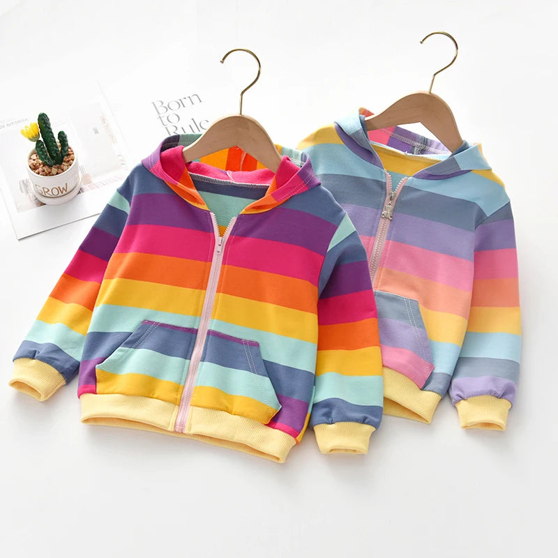 Spring and Autumn Girls' Personalized Fashion Cute Zipper Pocket Rainbow Strip Hooded Jacket