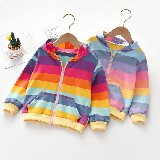 Spring and Autumn Girls' Personalized Fashion Cute Zipper Pocket Rainbow Strip Hooded Jacket