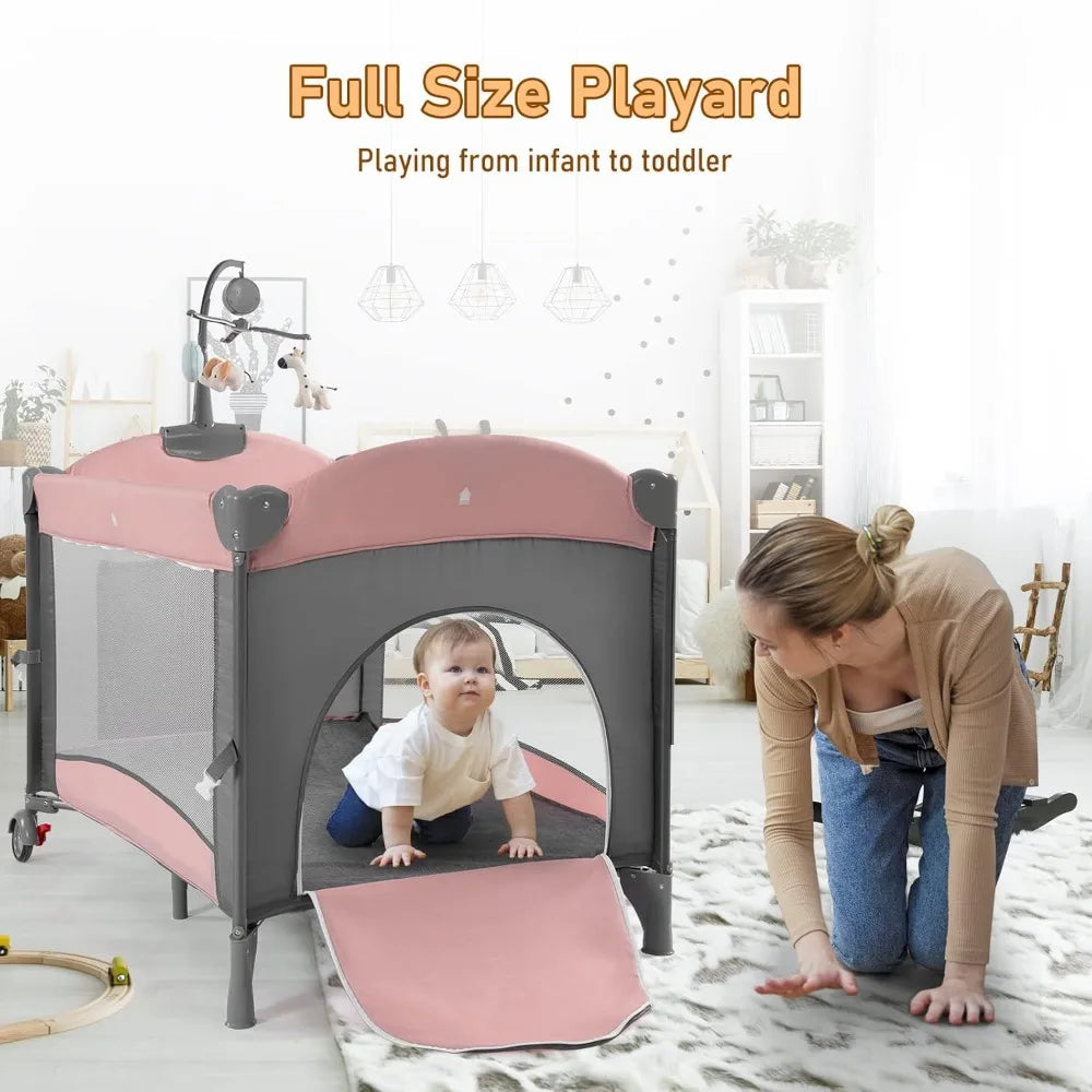 5 in 1 Baby Crib, Baby Bassinet Beside Sleeper, Pack and Play with Bassinet and Changing Table Portable Travel Baby Playpen