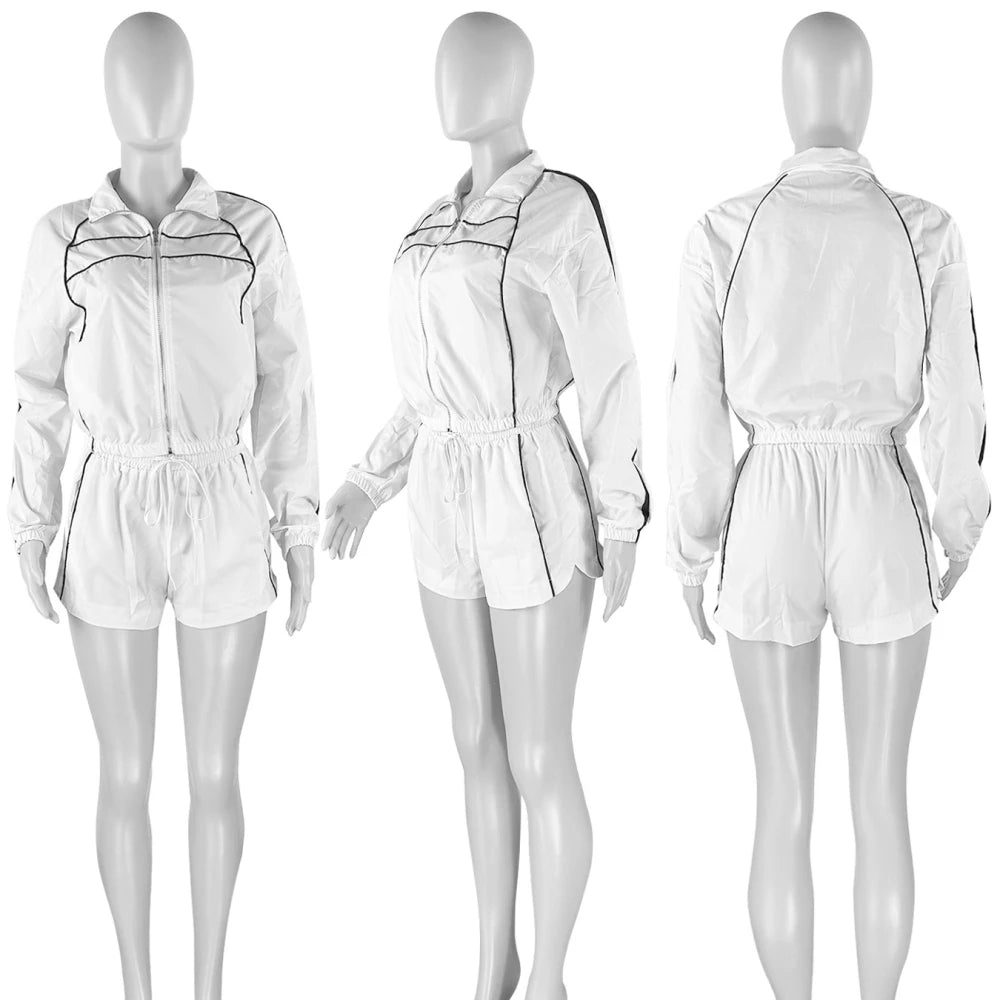 FAGADOER Casual Color Block 2 Pieces Set for Woman Long Sleeve Zipper Crop Jacke and Drawstring Shorts Female Jogger Clothing