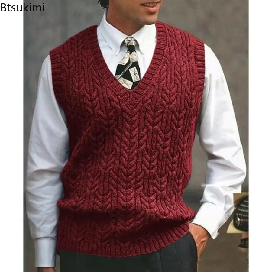 2025 Men's Autumn Winter Warm Casual Knitted Sweater Vest  Sleeveless V Neck Fleece Western Sweaters for Men Sueter Para Hombre