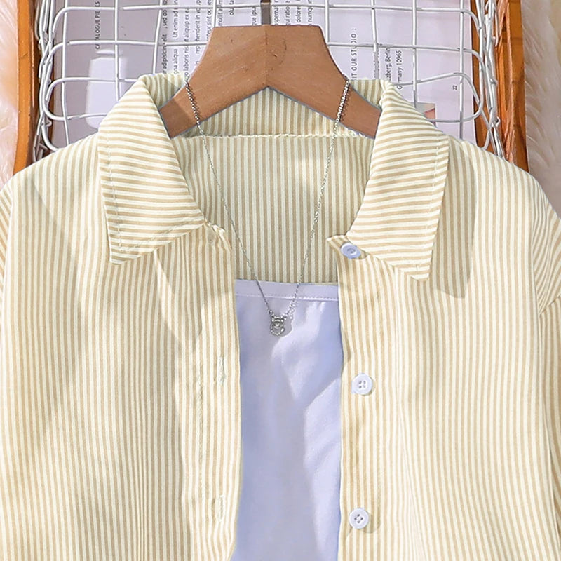 Kids Costume Suit For 4-12 Years Girls Pink Striped Long Sleeve Lapel Cardigan Shirt & Pants Daily Causal Style Comfortable Suit