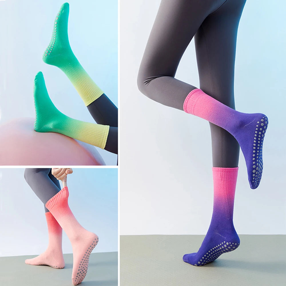 Colourful Women Sports Socks Cotton Mid-tube Bottom Professional Non-slip Silicone Indoor Fitness Socks Dance Pilates Yoga Socks
