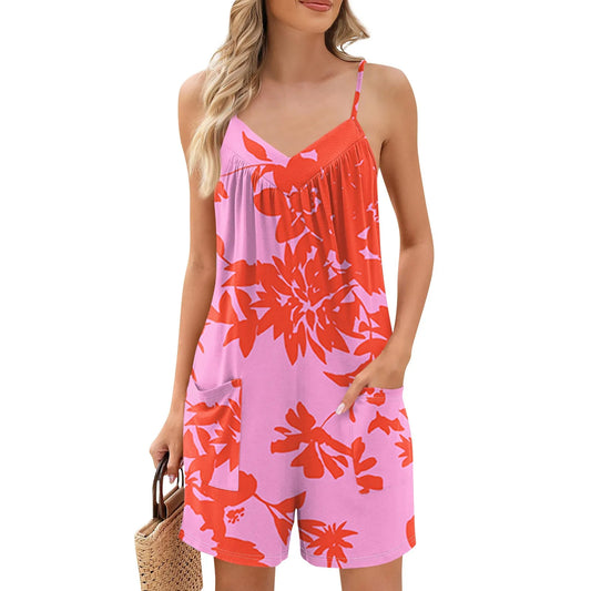 Summer Beautiful Colourful Floral Printing Daily Streetwear Playsuit Fashionable Casual Sleeveless Jumpsuit Shorts With Pockets