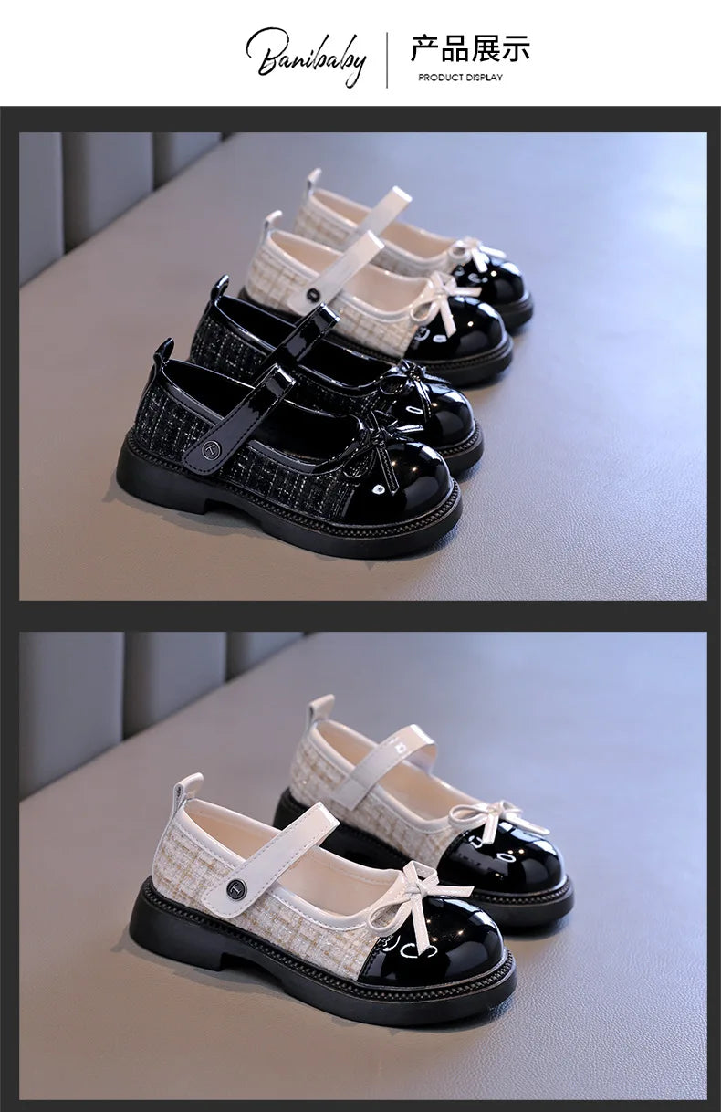 Butterfly Knot Anti Slip Round Toe Girls Leather Shoes Spring Autumn Outdoor PU Sweet Princess Leather Shoes Sandalias De Mujer