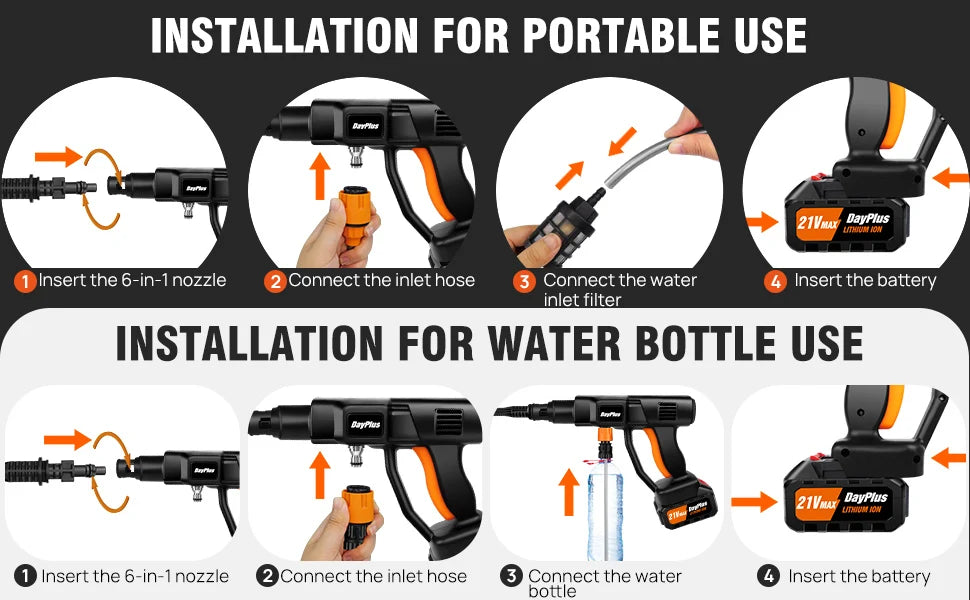 Cordless Pressure Washer, Portable Power Washer with  4.0Ah Battery 6-in-1 Nozzle, Handheld Brushless High-Pressure Car Washer