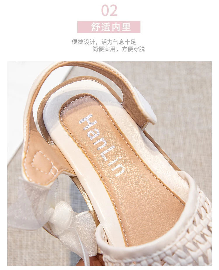 Braided Sandal for Girl Princess Summer Shoe Child Soft Sole Close Toed Butterfly Beach Shoe Kids Casual Shoe Beige Brown Silver