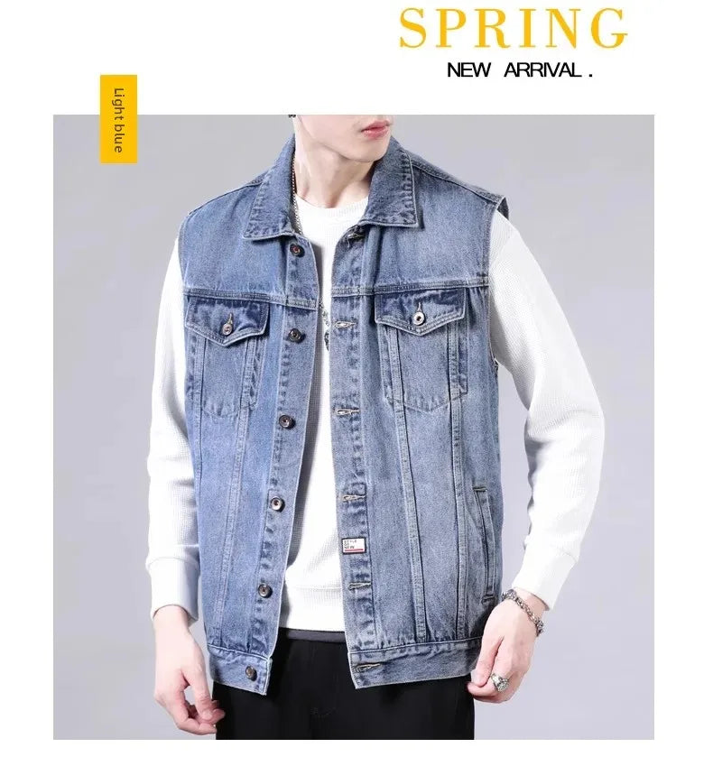 American Style Casual Men's Denim Jacket Loose Cool Retro Workwear Jacket Versatile Leisure Vest for Spring And Autumn
