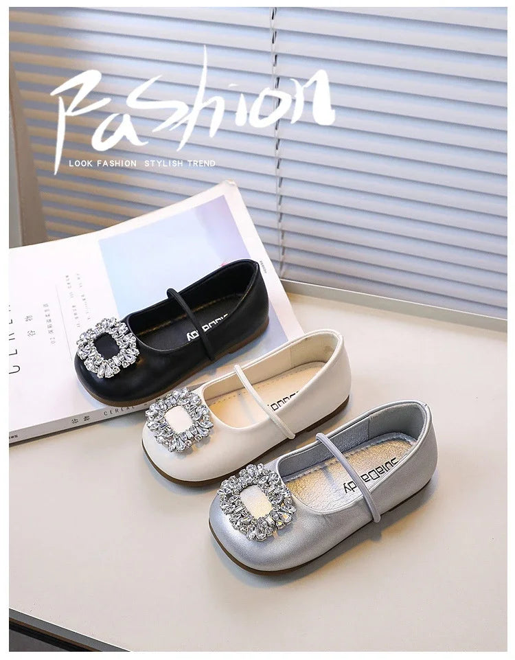 Girls Princess Leather Shoes Luxury Rhinestone Kids Ballet Shoes Fashion Shallow Non-slip Children's Flats for Party Wedding