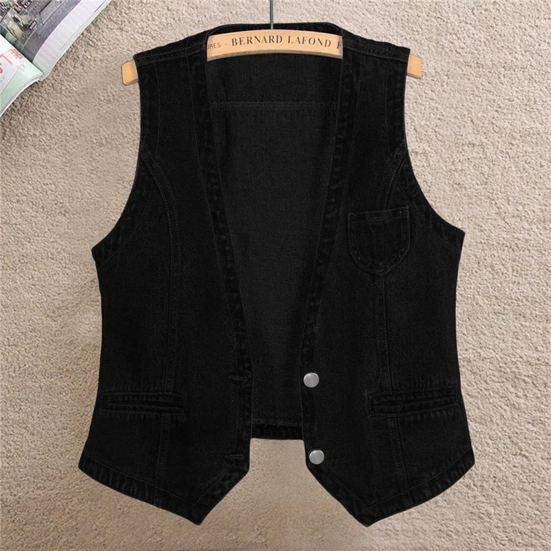 Fashion Denim Vest Female Streetwear V Neck Women Vest Summer Large Size Waistcoat Jeans Tops Sleevless Jacket Chaleco Mujer 6XL