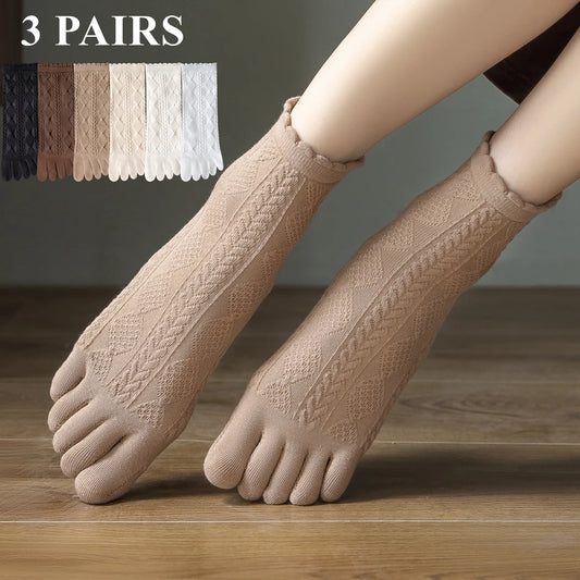 3 Pairs Summer Mesh Toe Socks Women Embroidered Floral Five Finger Socks High Quality Cotton Athletic Socks