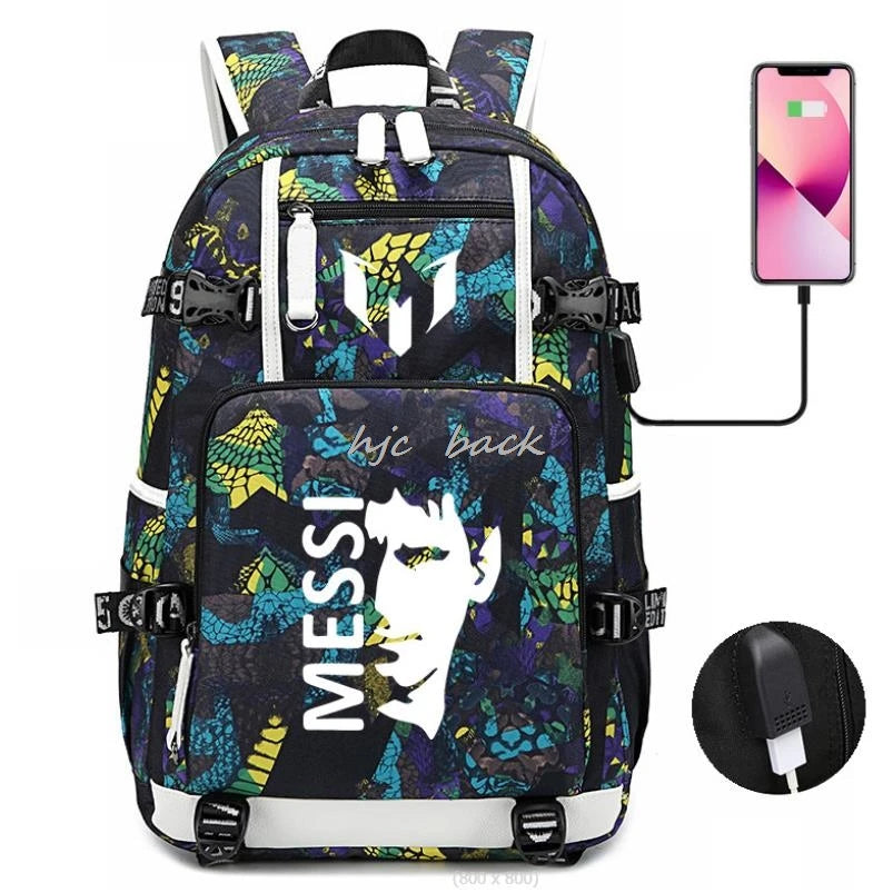 Football Stars Messi Backpacks Camouflage USB Teens School Bags Waterproof Boys Girls Casual Travel Laptop knapsacks Best Gift