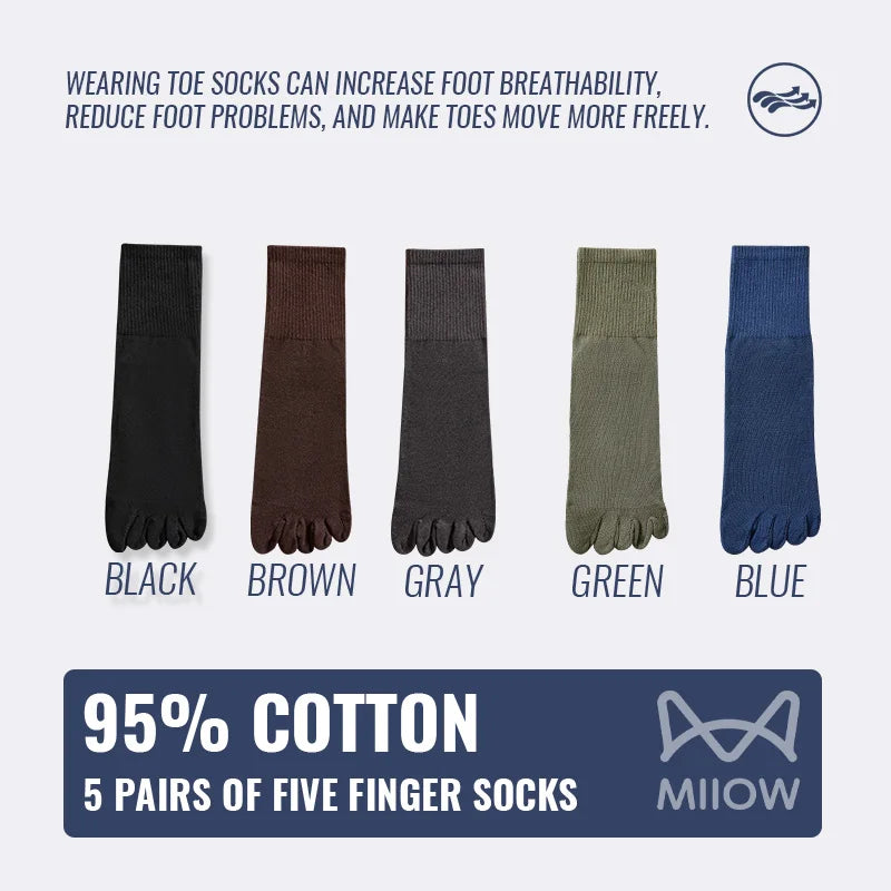 MiiOW 5Pairs Men Five Finger Long Socks Set Lycra Band Deodorant Antibacterial Sports Split Toe Stocking Causal Pure Cotton Sock