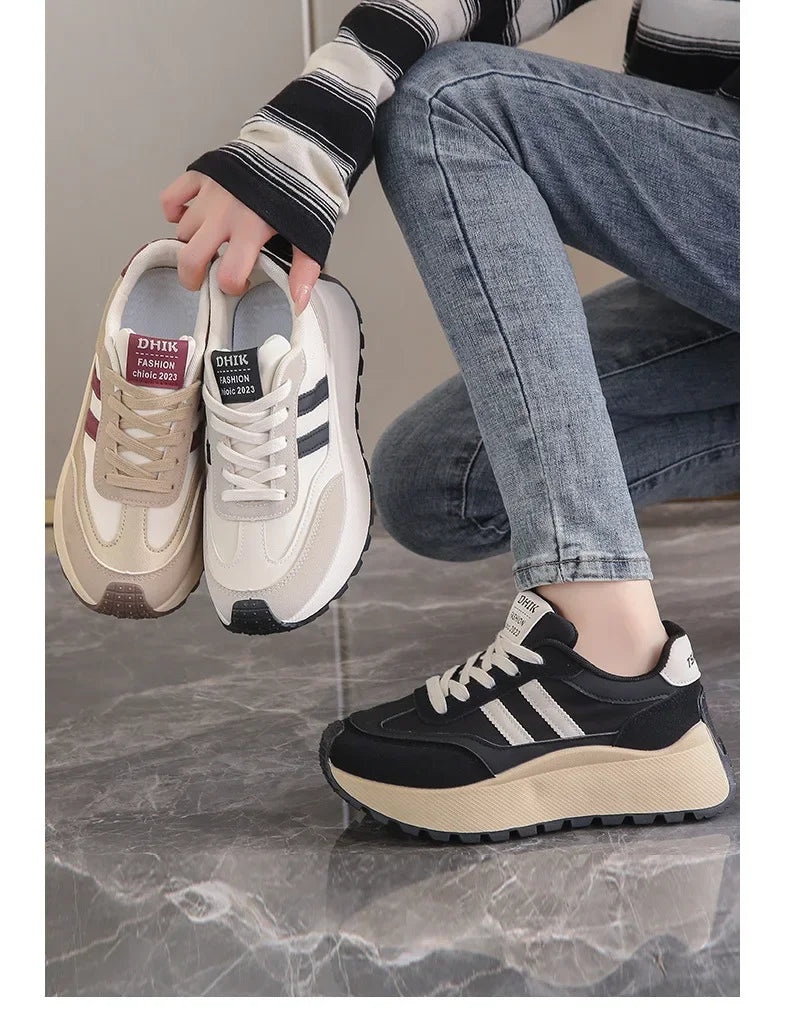 2024 autumn Spring Thick Bottom Women's Shoes Casual Patchwork Leather Sneakers Casual Vulcanised Shoes Ladies Chaussure Femme