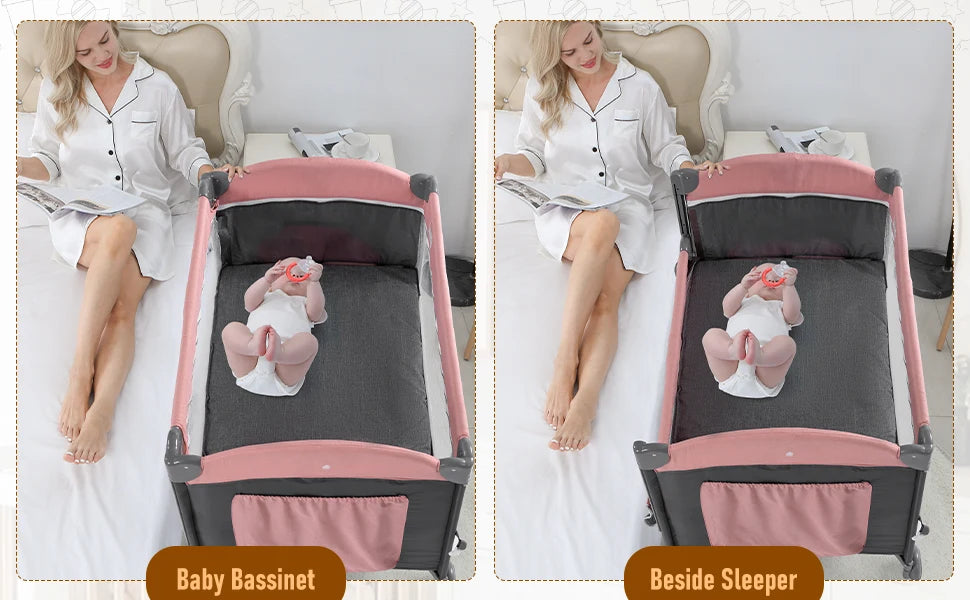 5 in 1 Baby Crib, Baby Bassinet Beside Sleeper, Pack and Play with Bassinet and Changing Table Portable Travel Baby Playpen