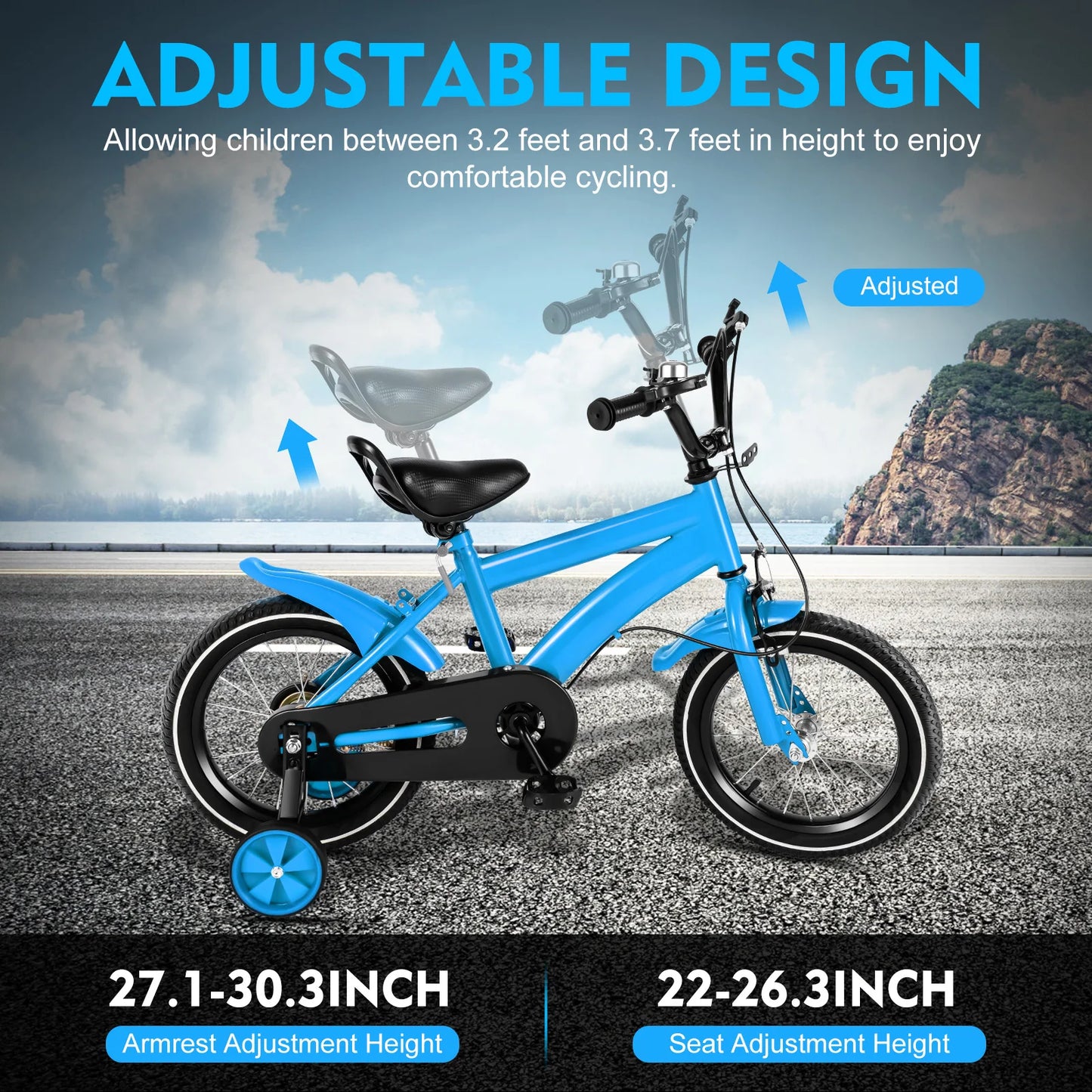 14inch Children's Bicycle with Training Wheel for 2-5 Year-Old Boys and Girls, Height Adjustable Kids Bike White/Yellow/Red/Blue