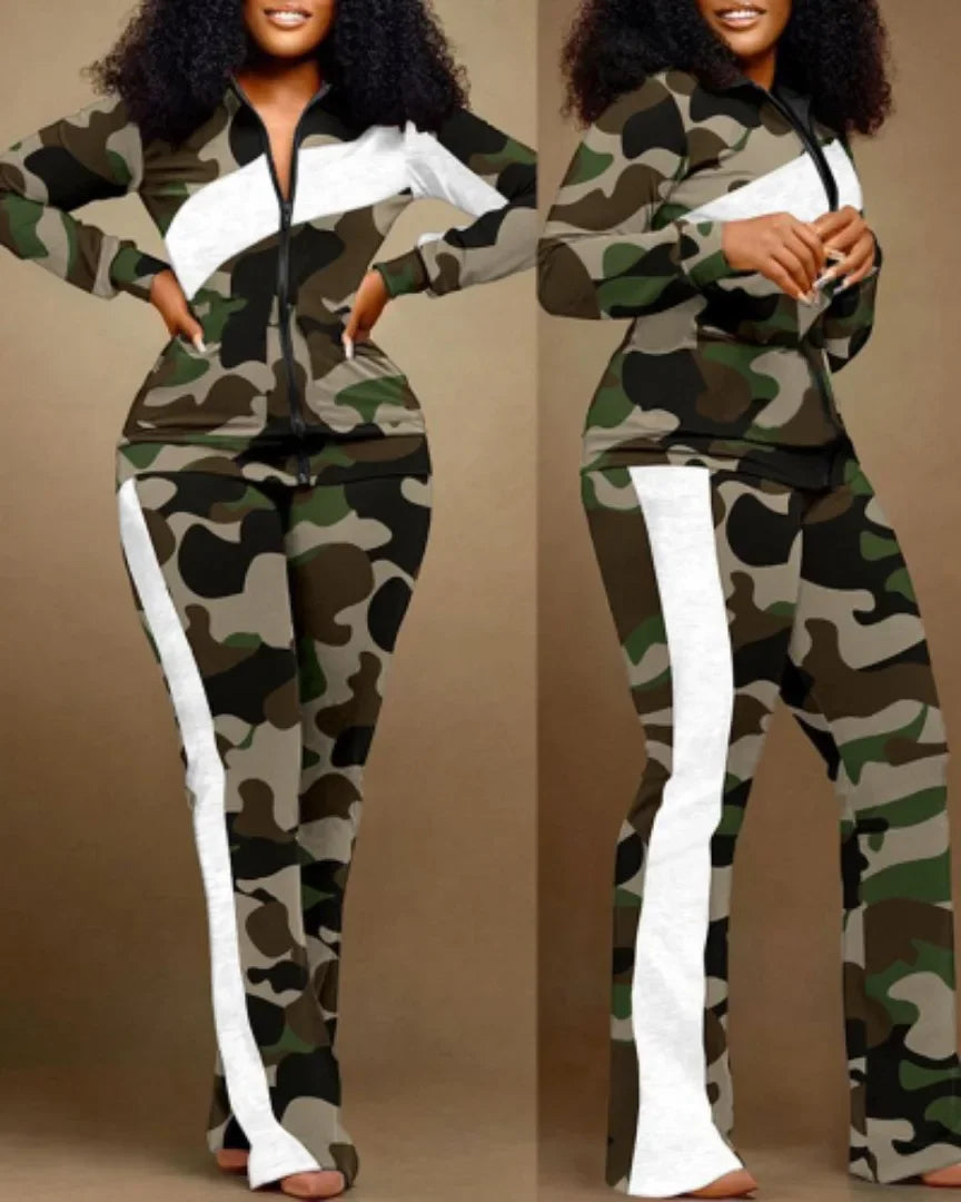 CPSYMYM Two Piece Set Women Outfit Autumn   Denim Look Print Zipper Design Stand Collar Long Sleeve Top & Casual Pants Set