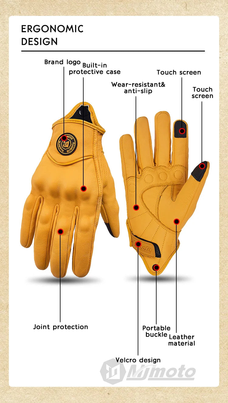 Retro Yellow Leather Motorcycle Gloves Men Women Breathable Perforated Motorbike Racing Gloves Touch Screen Motocross Moto Glove