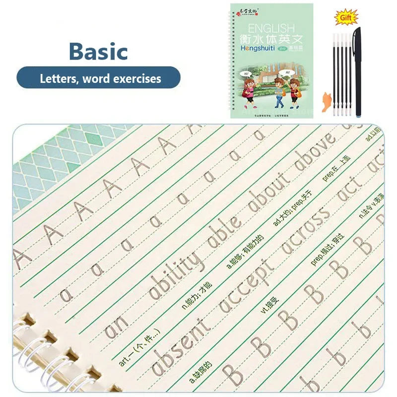 English Reusable Magic Book Copybook for Calligraphy Learning Alphabet Word Short Sentence Composition Handwriting Practice Book