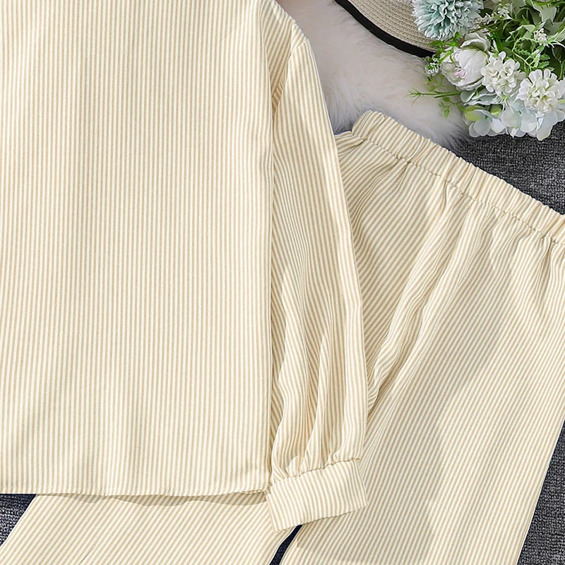 Kids Costume Suit For 4-12 Years Girls Pink Striped Long Sleeve Lapel Cardigan Shirt & Pants Daily Causal Style Comfortable Suit