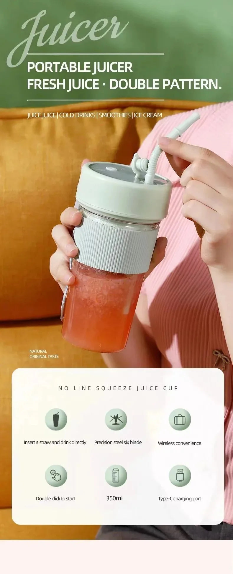 Electric Fruit Juicer Portable Wireless Blender Juice Mixer Mini Juice Cup With Straw Electric Juicer With 6-Blade USB Charging