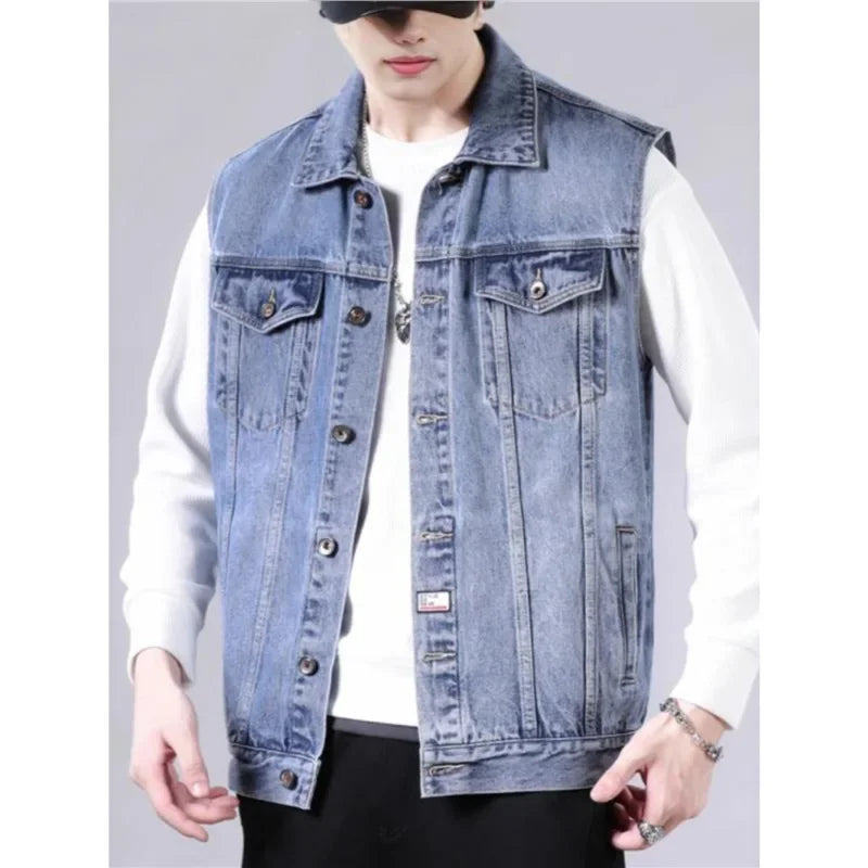 American Style Casual Men's Denim Jacket Loose Cool Retro Workwear Jacket Versatile Leisure Vest for Spring And Autumn