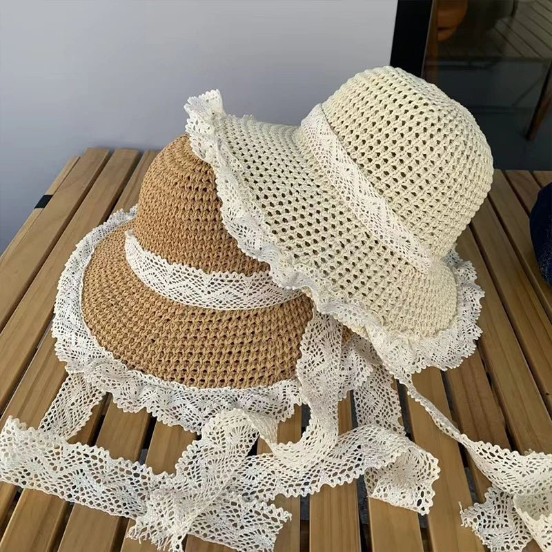 Lace Bow Women Straw Hat Wide Brim Hollow Out Grass Handwoven Visors Bucket Cap Korean Girl Beach Tour Foldable Sunshade Hats