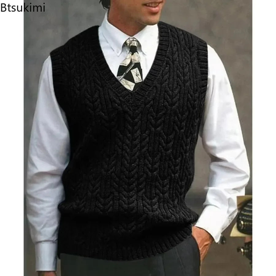 2025 Men's Autumn Winter Warm Casual Knitted Sweater Vest  Sleeveless V Neck Fleece Western Sweaters for Men Sueter Para Hombre
