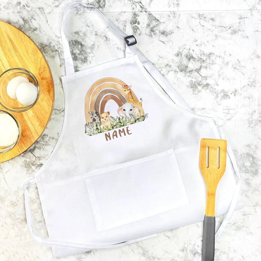 Personalised Child Apron Rainbow  Safari Animals with Name Apron Boys Girls Cooking Baking Apron Custom Birthday Gift for Kids