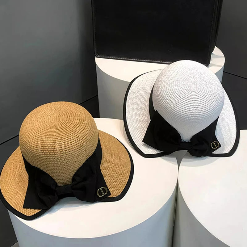 Summer Girls Sun Hats Wide Brim Bowknot Straw Hat with Ribbon Outdoor Sun Protection Women Hats Soild Color Ladies Panama Caps