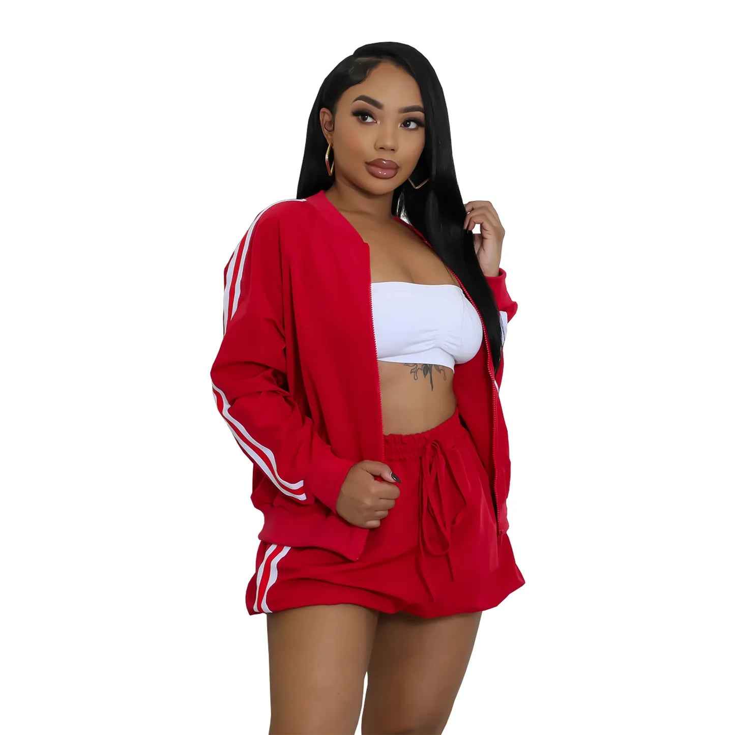 CM.YAYA Women's Set Full Sleeve Striped Coats Top + Short Skirts Spring Active Sporty Street Two 2 Piece Sets Outfits Tracksuit