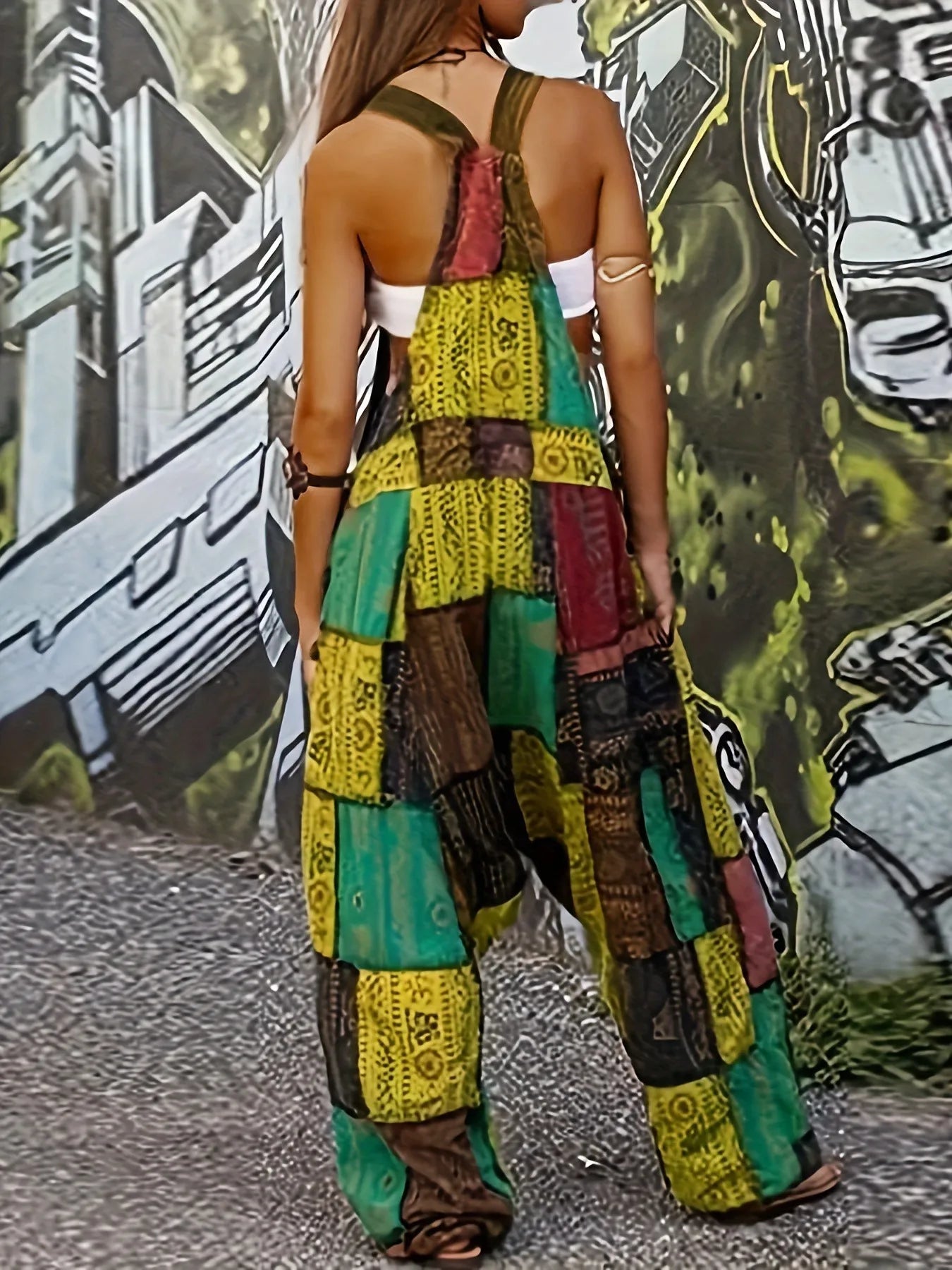 Fashion Patchwork Suspender Trousers Jumpsuit For Women Hip-hop Patchwork Ethnic Print Loose Harem Pantsstreet  Rompers Female
