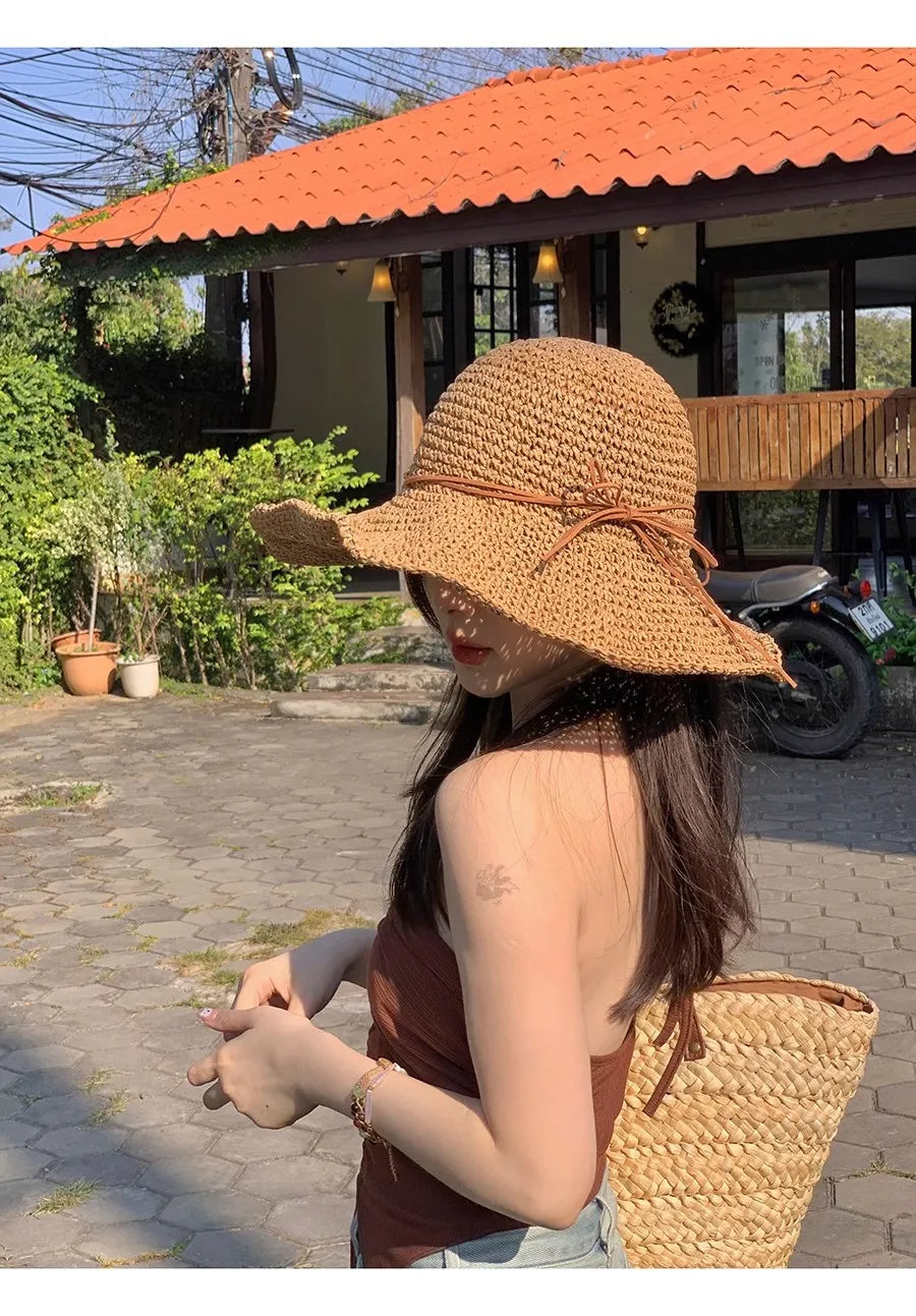 Holiday Sle Beach Fisherman Hat Seaside Sun Protection Sun Hat Large Brim Bow Woven Straw Hat Women Panama Chapeau Korean