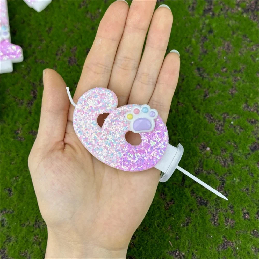3D Number Candles Cake Decorating Glitter Pink Claw Theme Number Candles Cake Topper Birthday Party Cake Decoration