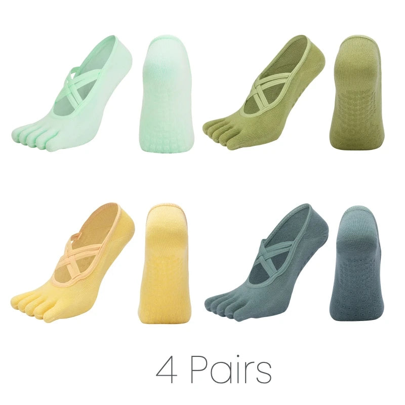 1/4 Pairs New Women Anti Slip Pilates Socks Five Toe Silicone Non-Slip Yoga Sock Bandage Ladies Fitness Sports Cotton Sock