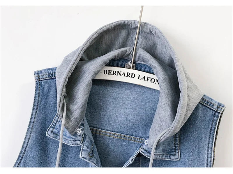 New Women Denim Vest Jackets Spring Autumn Pocket Hooded  Short Jean Waistcoat Sleeveless Jacket Outerwear Female Casual Top 5XL