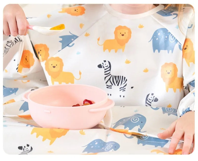 Waterproof Coverall Baby Feeding Bibs for 6 Month To 5 Years Old Toddler Long Sleeve Weaning Bib Attaches To Highchair and Table