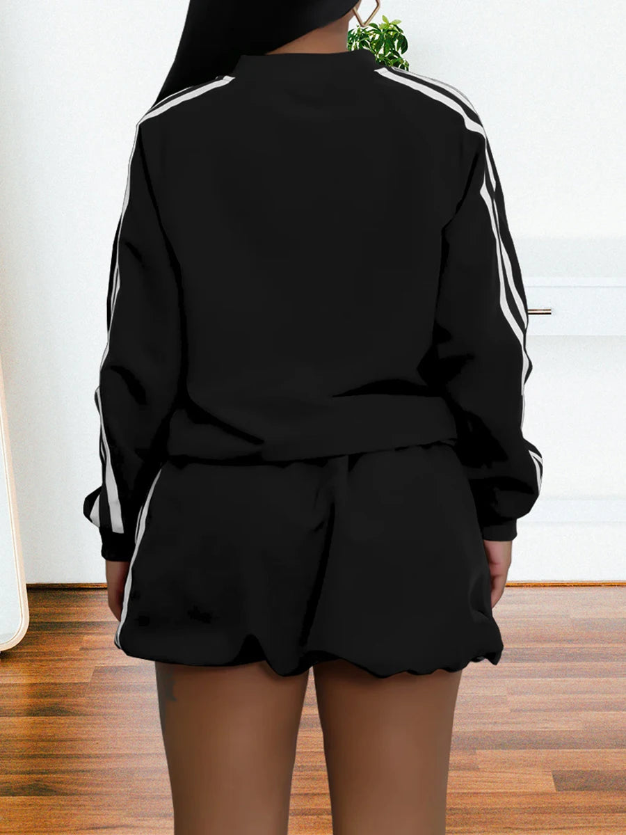 ZIML Minimalist Two Piece Sets For Women Stand Collar Long Sleeve Spliced Zipper Tops High Waist Shorts Chic Set Female Fashion